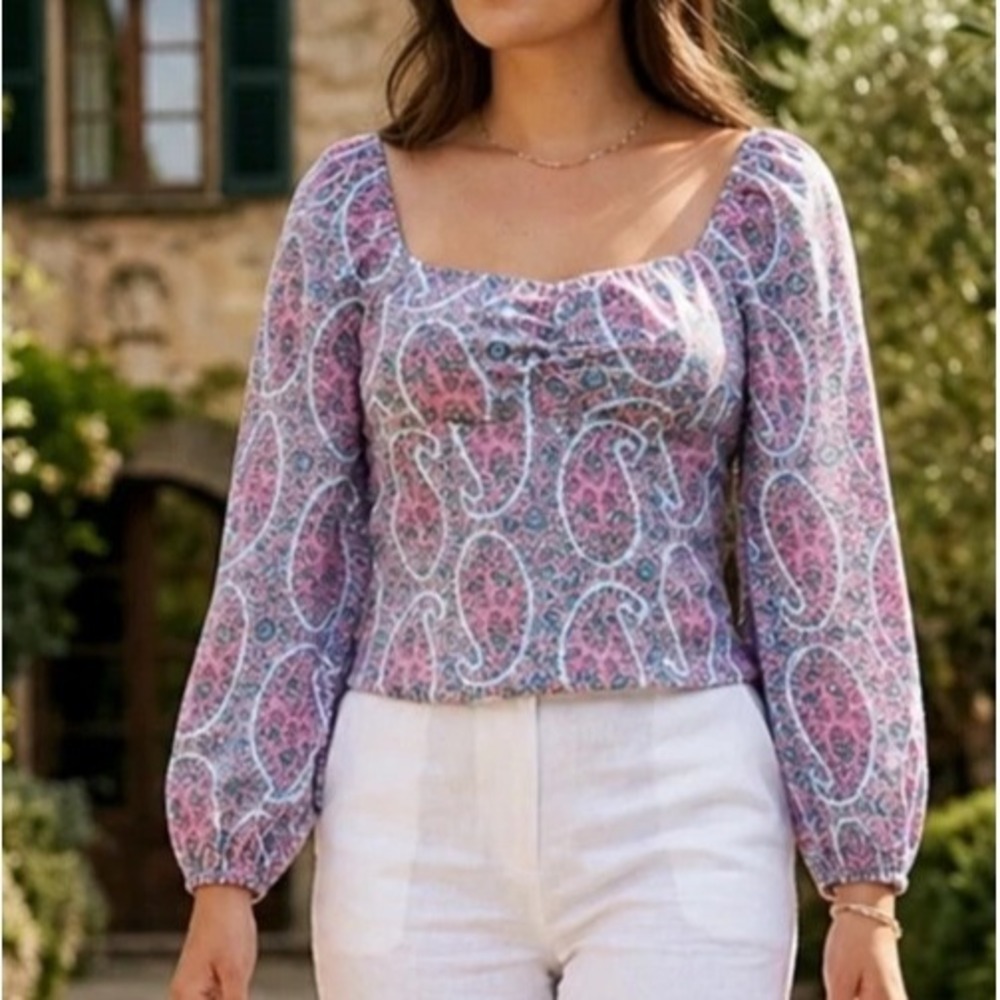 NWT J Crew Women Paisley Glazed Sky Long Sleeve Sweetheart Top Sz 12 Cottagecore
